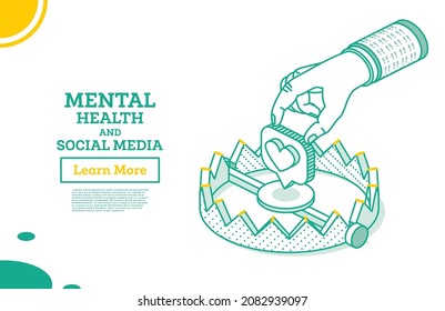 Isometric Outline Trap with Social Media Heart. Like Symbol. Vector Illustration. Mental Health Concept and Social Media. Isolated on White Background. Hand Tries to Take Favorite Sign.