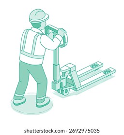 Isometric outline worker pushing a pallet truck in a warehouse. Logistics, transport, and cargo handling concept. Vector illustration.