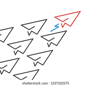 Isometric outlined unique red fast paper plane. Creativity, innovation, leadership, management, competition, teamwork concept. Flat design. EPS 8 vector illustration, no transparency, no gradients