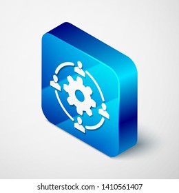 Isometric Outsourcing concept icon isolated on white background. Cooperation sign. Idea of teamwork and investment. Blue square button. Vector Illustration