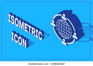 Isometric Outsourcing concept icon isolated on blue background. Cooperation sign. Idea of teamwork and investment.  Vector Illustration