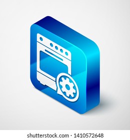 Isometric Oven and gear icon isolated on white background. Adjusting app, service concept, setting options, maintenance, repair, fixing. Blue square button. Vector Illustration