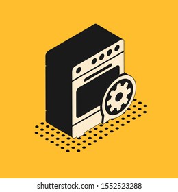 Isometric Oven and gear icon isolated on yellow background. Adjusting app, service concept, setting options, maintenance, repair, fixing.  Vector Illustration