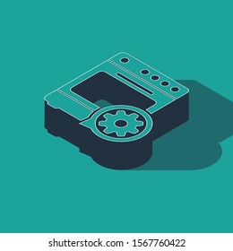 Isometric Oven and gear icon isolated on green background. Adjusting app, service concept, setting options, maintenance, repair, fixing.  Vector Illustration