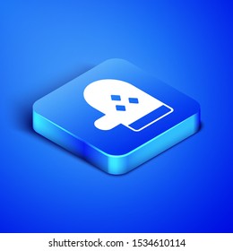 Isometric Oven glove icon isolated on blue background. Kitchen potholder sign. Cooking glove. Blue square button. Vector Illustration