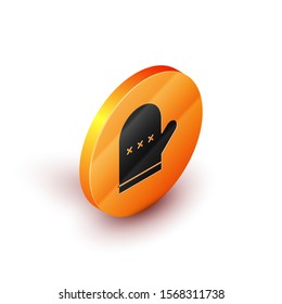 Isometric Oven glove icon isolated on white background. Kitchen potholder sign. Cooking glove. Orange circle button. Vector Illustration