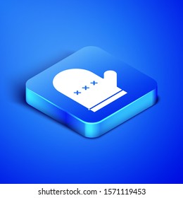 Isometric Oven glove icon isolated on blue background. Kitchen potholder sign. Cooking glove. Blue square button. Vector Illustration