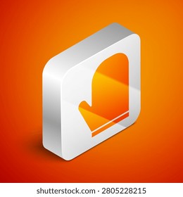 Isometric Oven glove icon isolated on orange background. Kitchen potholder sign. Cooking glove. Silver square button. Vector Illustration