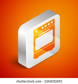 Isometric Oven icon isolated on orange background. Stove gas oven sign. Silver square button. Vector Illustration