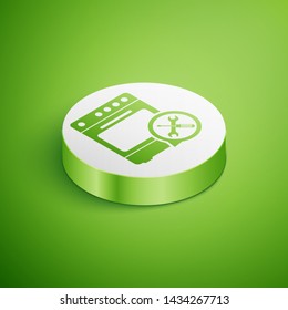 Isometric Oven with screwdriver and wrench icon isolated on green background. Adjusting, service, setting, maintenance, repair, fixing. White circle button. Vector Illustration