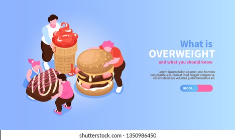 Isometric overeating gluttony banner with slider button editable text and characters of fat people with sweets vector illustration