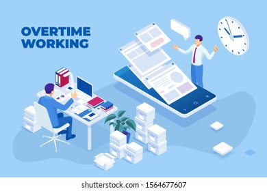 Isometric overtime working concept. Planning time business management. Casual tired office worker using a computer and doing overtime project.