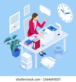Isometric overtime working concept. Planning time business management. Casual tired office worker using a computer and doing overtime project.