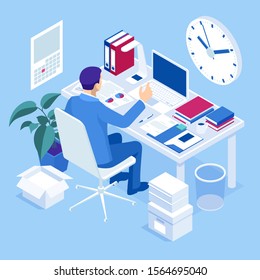 Isometric overtime working concept. Planning time business management. Casual tired office worker using a computer and doing overtime project.