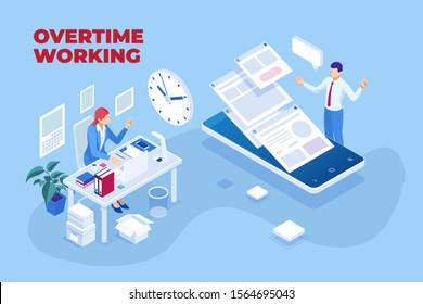 Isometric overtime working concept. Planning time business management. Casual tired office worker using a computer and doing overtime project.