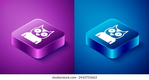 Isometric Owl bird icon isolated on blue and purple background. Animal symbol. Square button. Vector