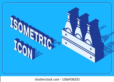Isometric Pack of beer bottles icon isolated on blue background. Wooden box and beer bottles. Case crate beer box sign.  Vector Illustration