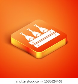 Isometric Pack of beer bottles icon isolated on orange background. Wooden box and beer bottles. Case crate beer box sign.  Vector Illustration