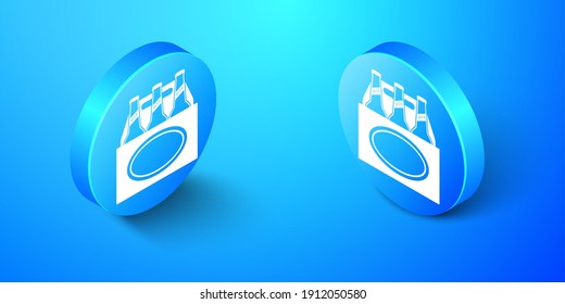 Isometric Pack of beer bottles icon isolated on blue background. Case crate beer box sign. Blue circle button. Vector.