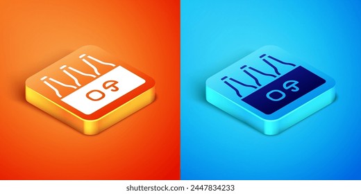 Isometric Pack of beer bottles icon isolated on orange and blue background. Case crate beer box sign.  Vector