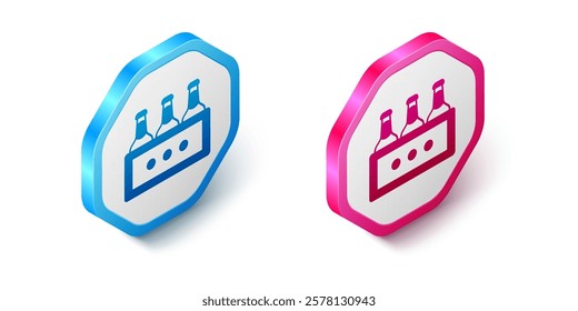 Isometric Pack of beer bottles icon isolated on white background. Wooden box and beer bottles. Case crate beer box sign. Hexagon button. Vector