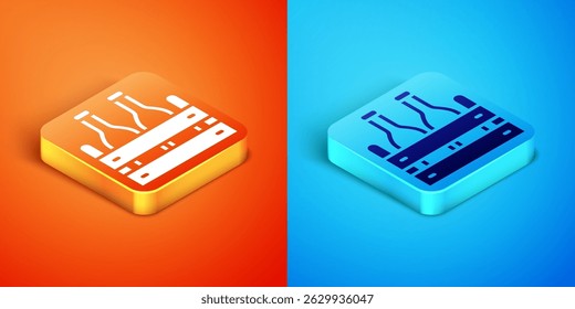 Isometric Pack of beer bottles icon isolated on orange and blue background. Wooden box and beer bottles. Case crate beer box sign.  Vector
