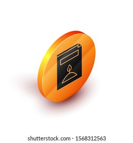 Isometric A pack full of seeds of a specific plant icon isolated on white background. Orange circle button. Vector Illustration