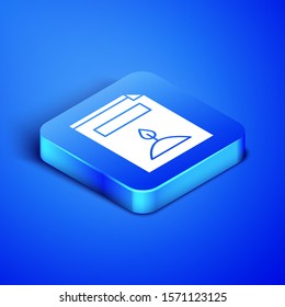 Isometric A pack full of seeds of a specific plant icon isolated on blue background. Blue square button. Vector Illustration