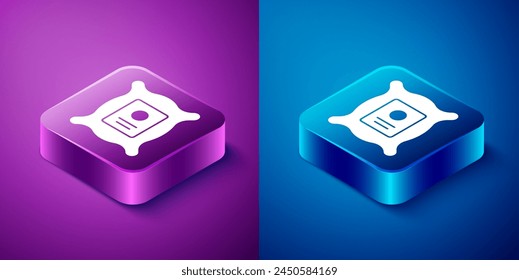 Isometric Pack full of seeds of a specific plant icon isolated on blue and purple background. Square button. Vector Illustration