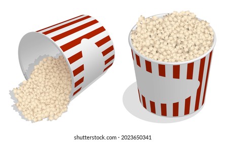 Isometric Pack of Popcorn, Bucket of Air Dessert. Leisure at the cinema. Realistic 3D vector isolated on white background