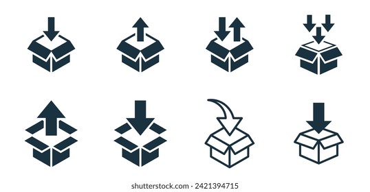 Isometric package with arrow icons set on white background. online delivery service business. Parcel container, packaging boxes, web design for applications.