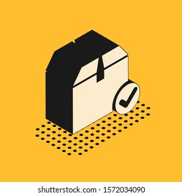 Isometric Package box with check mark icon isolated on yellow background. Parcel box with checkmark. Approved delivery or successful package receipt.  Vector Illustration