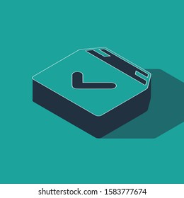 Isometric Package box with check mark icon isolated on green background. Parcel box with checkmark. Approved delivery or successful package receipt.  Vector Illustration