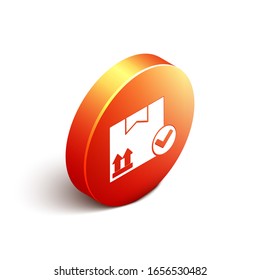 Isometric Package box with check mark icon isolated on white background. Parcel box. Approved delivery or successful package receipt. Orange circle button. Vector Illustration