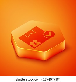 Isometrisches Paket mit Markierungssymbol einzeln auf orangefarbenem Hintergrund. Paketschachtel. Zugelassene Lieferung oder erfolgreicher Paketbeleg. Orangefarbene Hexagon-Taste. Vektorillustration-Illustration