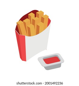 Isometric package of french fries with ketchup 3d vector illustration
