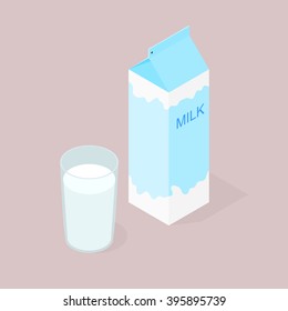 Isometric Package. A glass of delicious and healthy cow or goat natural milk for Breakfast.  Milkshake in a glass. Vector illustration.