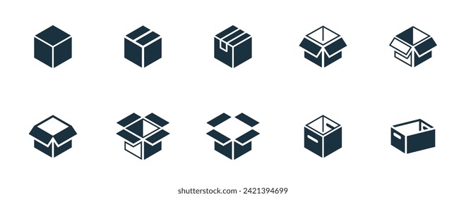 Isometric package iconos establecidos en fondo blanco. negocio de servicios de entrega en línea. Contenedor de paquetes, cajas de embalaje, diseño web para aplicaciones.