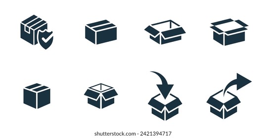 Isometric package iconos establecidos en fondo blanco. negocio de servicios de entrega en línea. Contenedor de paquetes, cajas de embalaje, diseño web para aplicaciones.