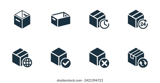 Isometric package iconos establecidos en fondo blanco. negocio de servicios de entrega en línea. Contenedor de paquetes, cajas de embalaje, diseño web para aplicaciones.