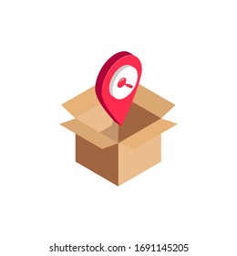 Isometric package search symbol, 3d magnifier icon in open cardboard box. Storage, logistic, parcel delivery and warehouse concept. Vector Illustration design, infographic, web, app, ad