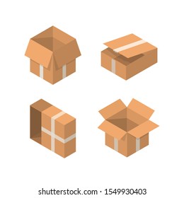 Isometric packaging box vector set. cardboard boxes collection in cartoon style solated on white background.