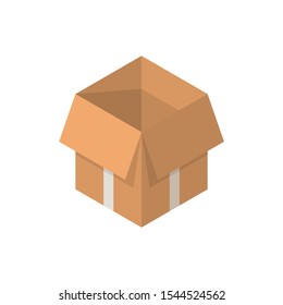 Isometric packaging cardboard open box vector illustration in cartoon style on white background.