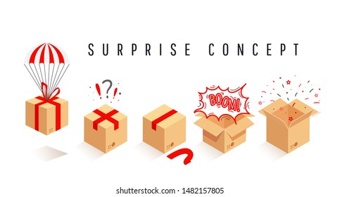 Isometric packaging surprise paper boxes set for packaging of goods. Parachute parcel delivery. Birthday or anniversary present