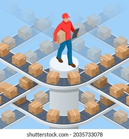 Isometric packed courier on production line against cardboard boxes in warehouse. Transport and processing of orders in trade. Cargo shipment boxes.