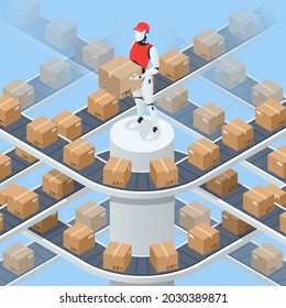 Isometric packed robot courier on production line against cardboard boxes in warehouse. Transport and processing of orders in trade. Cargo shipment boxes.