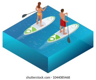 Isometric Paddleboard beach men and women on stand up paddle board surfboard surfing in ocean sea. Water sport concept. Active summer vacations with paddle board