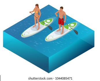 Isometric Paddleboard beach men and women on stand up paddle board surfboard surfing in ocean sea. Water sport concept. Active summer vacations with paddle board