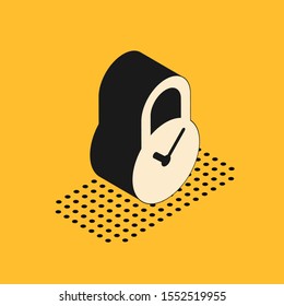 Isometric Padlock with clock icon isolated on yellow background. Time control concept. Lock and countdown, deadline, schedule, planning symbol.  Vector Illustration