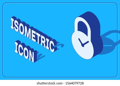 Isometric Padlock with clock icon isolated on blue background. Time control concept. Lock and countdown, deadline, schedule, planning symbol.  Vector Illustration